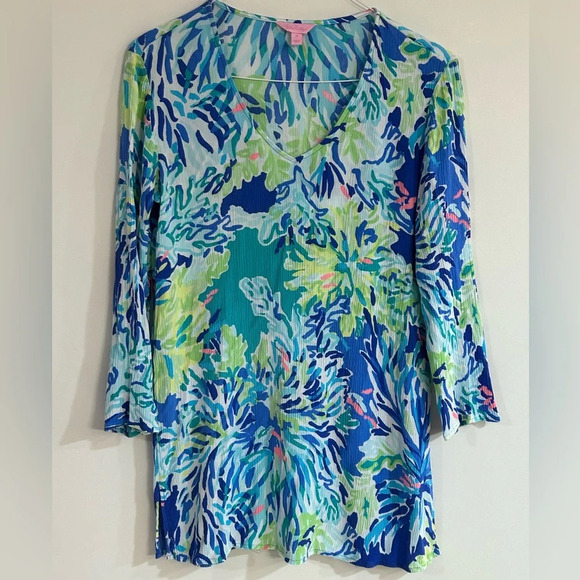 Lilly Pulitzer Sz M Lantana Tunic Top Wade & Sea Crinkle Gauze V-Neck Coverup - Picture 3 of 10